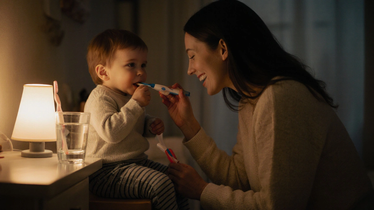 Rodič čistí zuby malému dítěti před spaním v klidném, teplém prostředí.