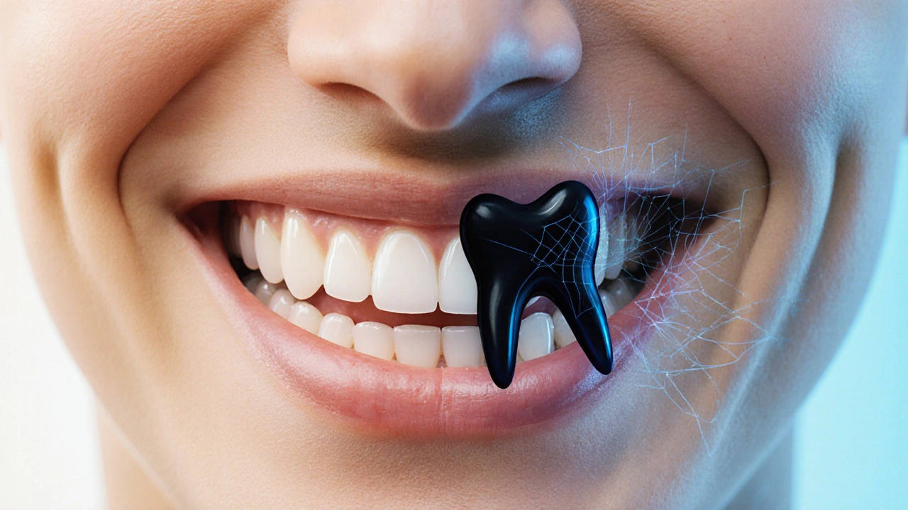 Rozdělená tvář: zdravý úsměv na jedné straně, infekce a bolest na druhé.