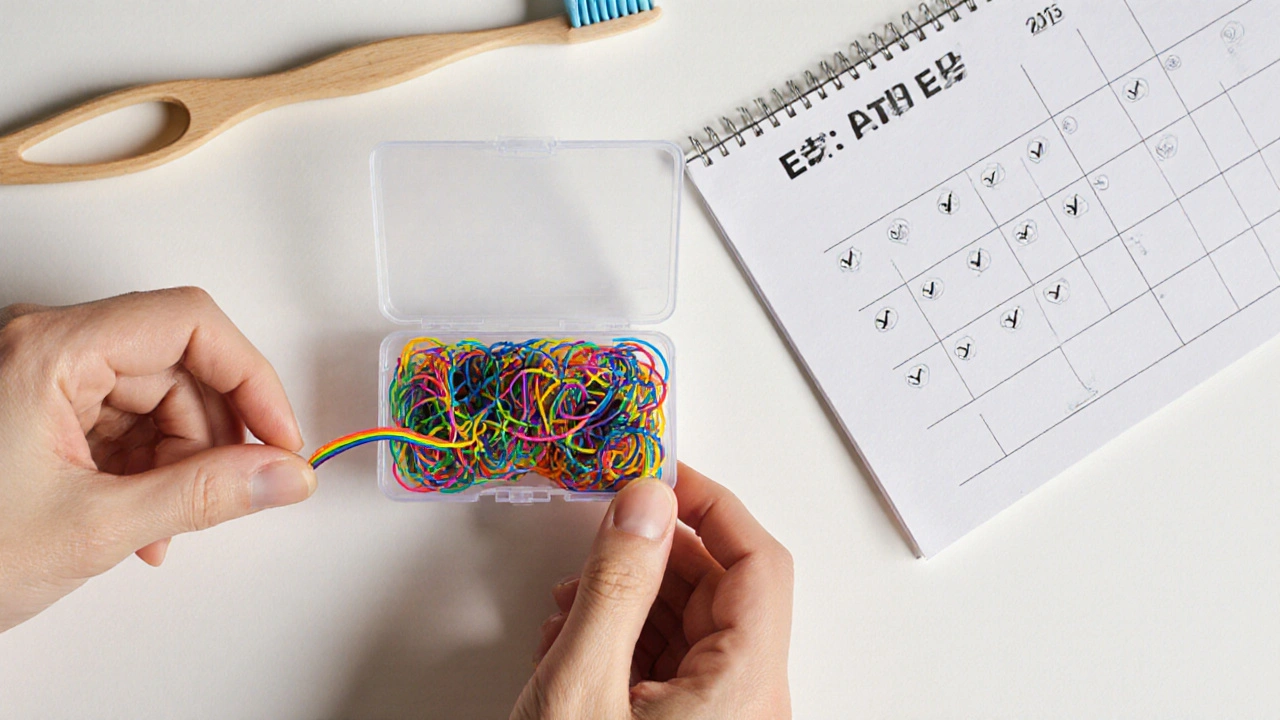 Ruka drží krabičku s barevnými gumičkami a kalendář s označenými dny