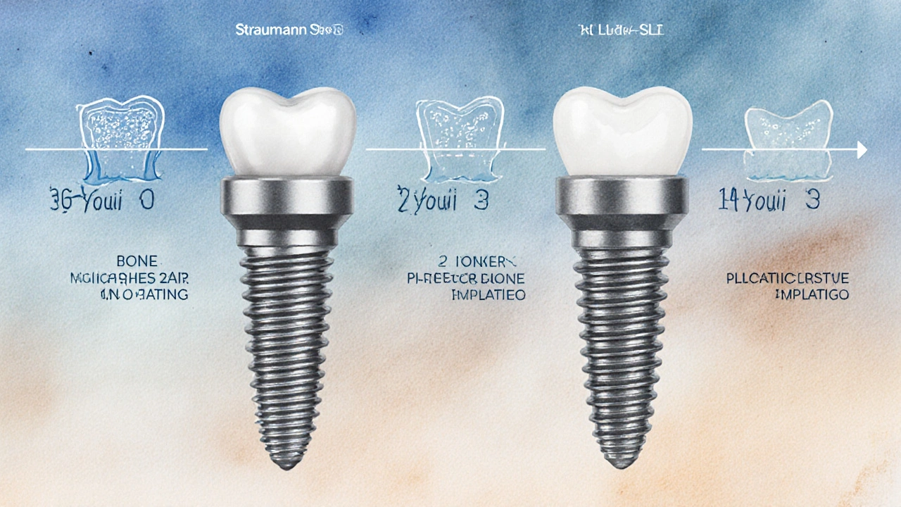 Side-by-side comparison of premium and standard dental implants with bone healing stages.