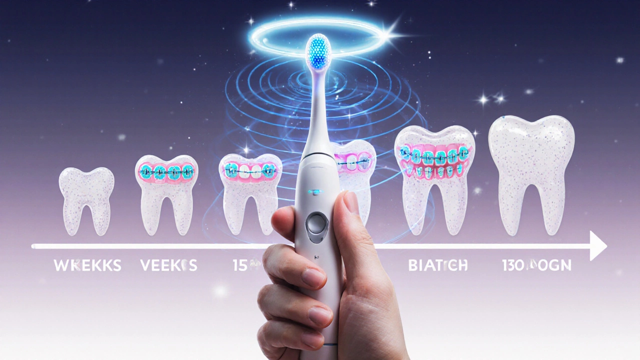Sonický kartáček vyzařuje energii, která čistí zubní implantáty, braketky a žvýkací plochy.