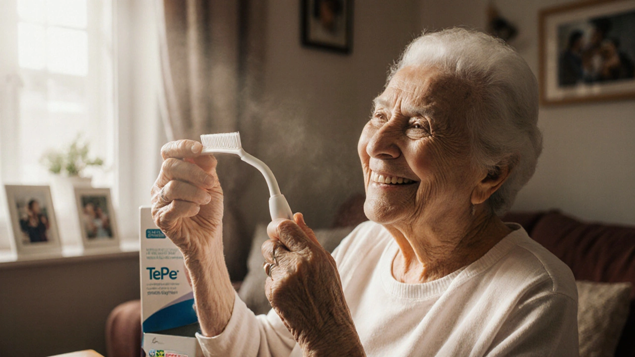 Stará žena drží křivý mezizubní kartáček s úsměvem v domácím prostředí.