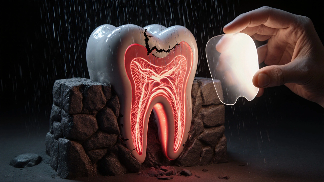 Symbolický obrázek zubu jako pevnosti, kterou ochraňuje fluoridový štít proti kyselému dešti.