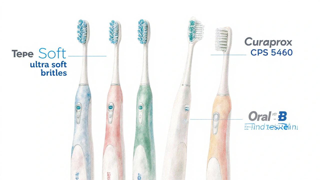 Tři mezizubní kartáčky s vlastnostmi pro citlivé dásně vedle sebe.