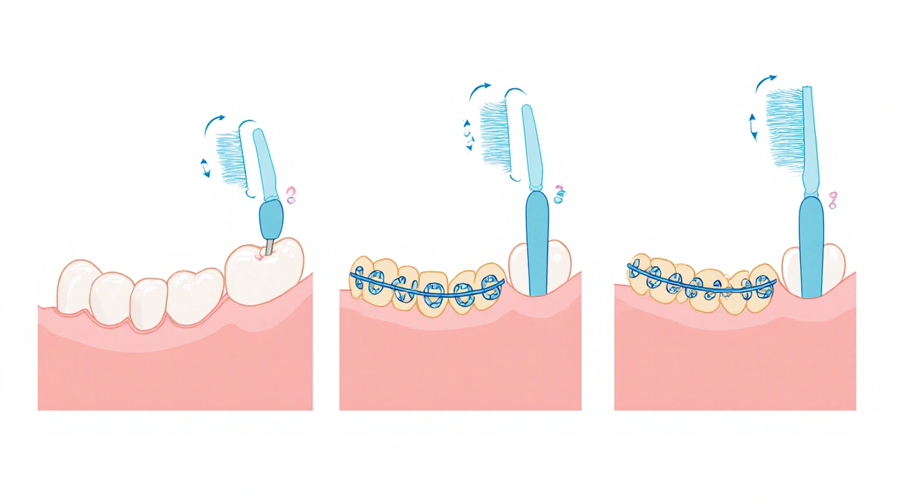 Tři velikosti mezizubních kartáčků vedle zubní náhrady a brácek.