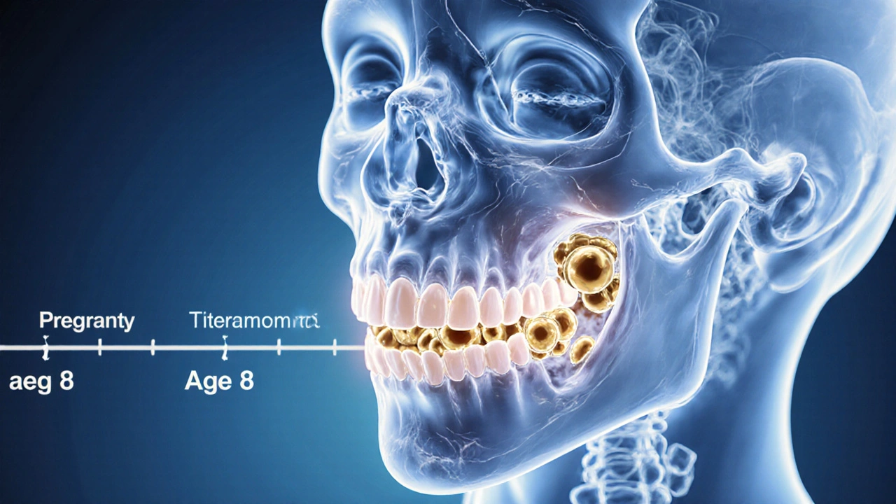 Vývoj dětského zubu s tetracyklinem vázaným na vápník v emailu a dentinu.