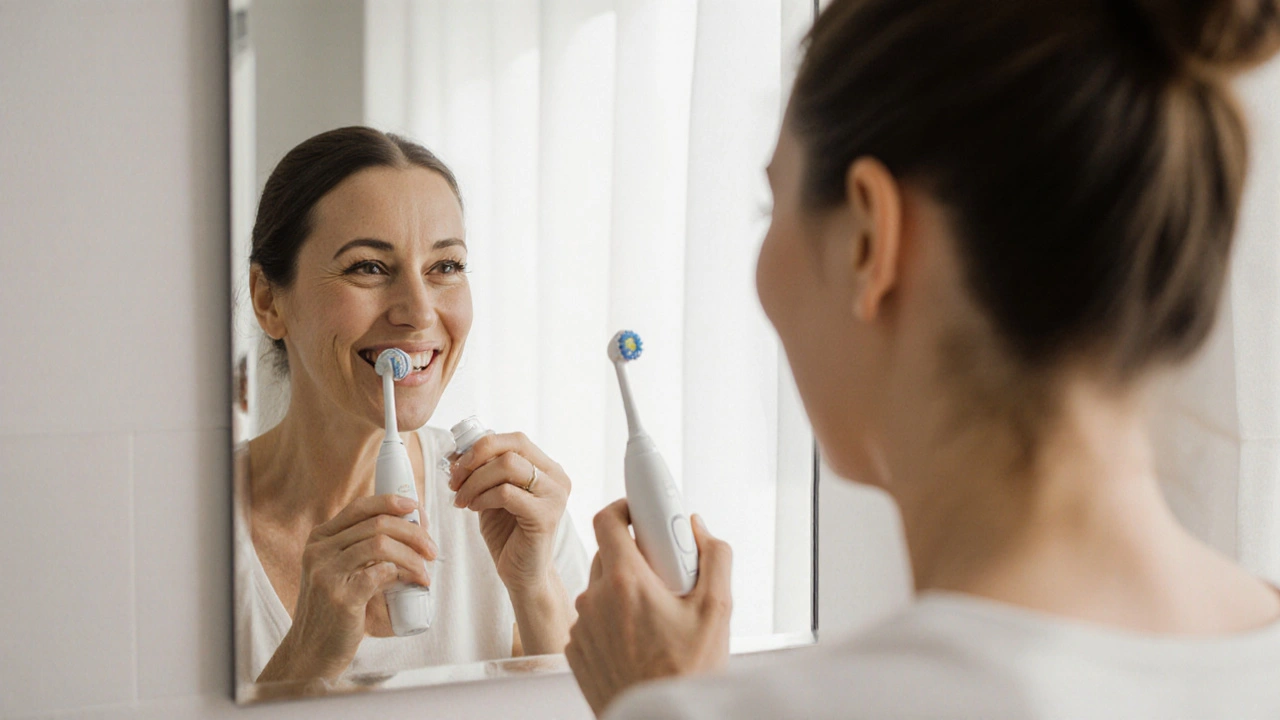 Žena používá ultrazvukový čistič zubů v koupelně s jemným gelovým aplikátorem.