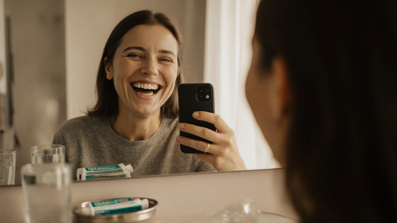 Žena se směje před zrcadlem a dělá selfie bez masky.