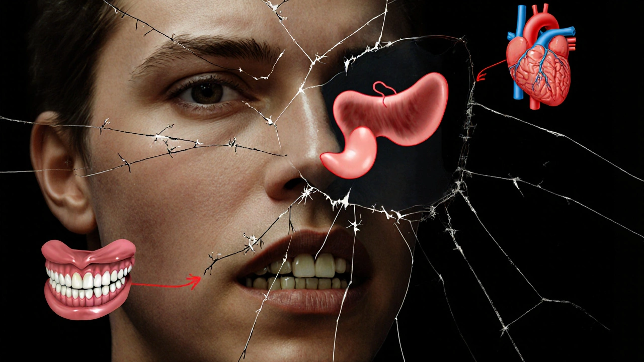 Zrcadlový obraz tváře odhalující souvislost zubů se srdcem, slinivkou a mozkem.