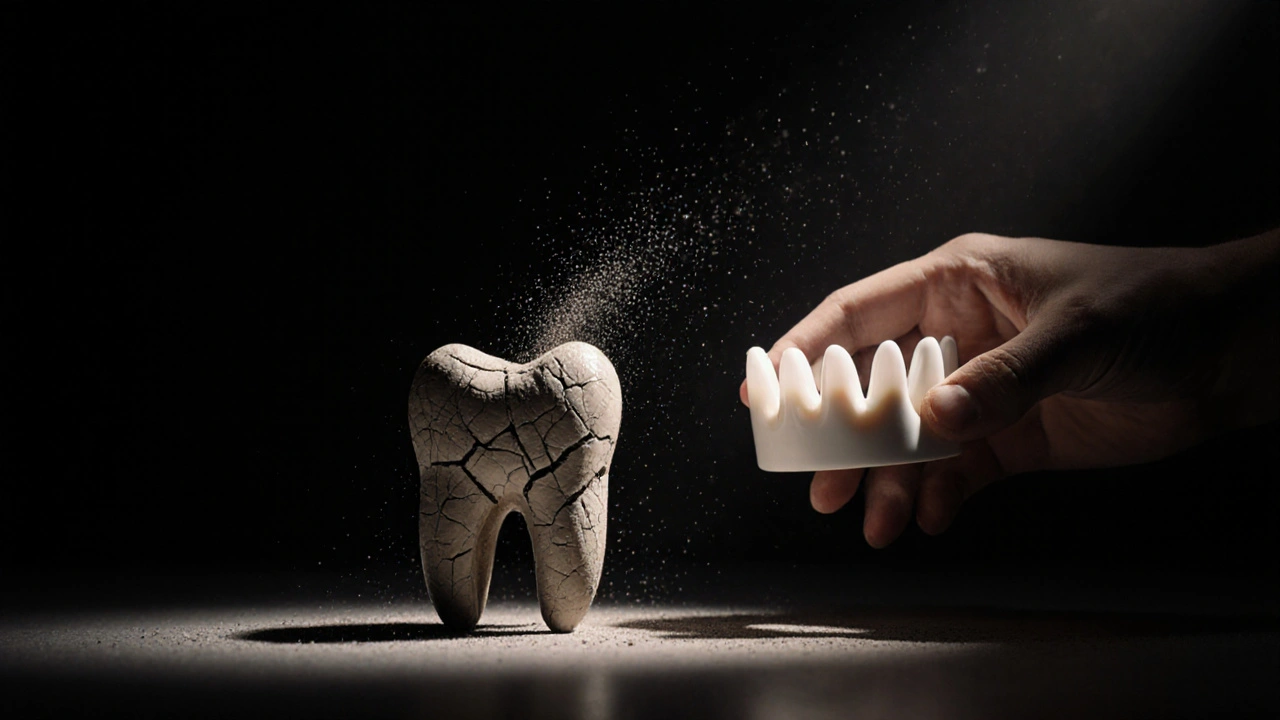 Zub se rozpadá jako hlína, zatímco korunka zasahuje jako ochranný štít.