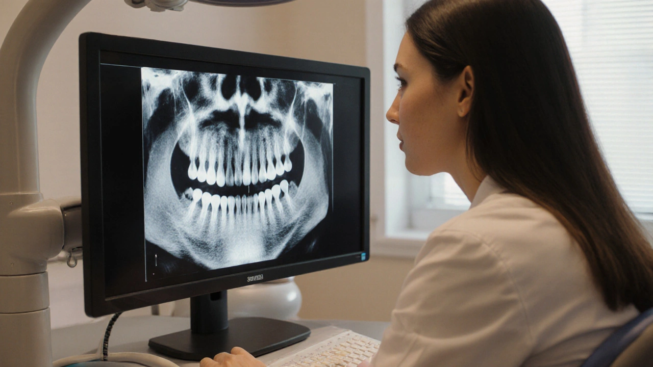 Zubař ukazuje pacientovi 3D tomografii kosti čelisti v klinice.