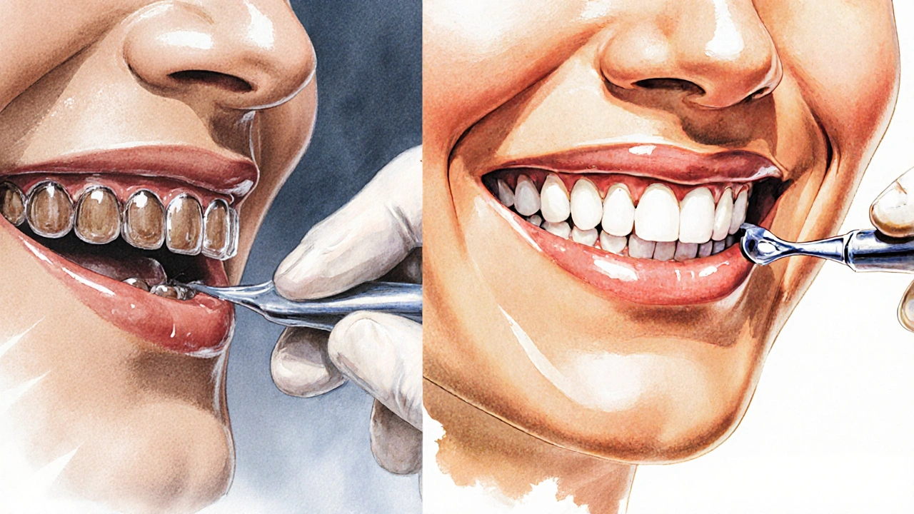 Zubní lékař aplikuje keramické vložky na zbarvené zuby, s viditelným před-po porovnáním.