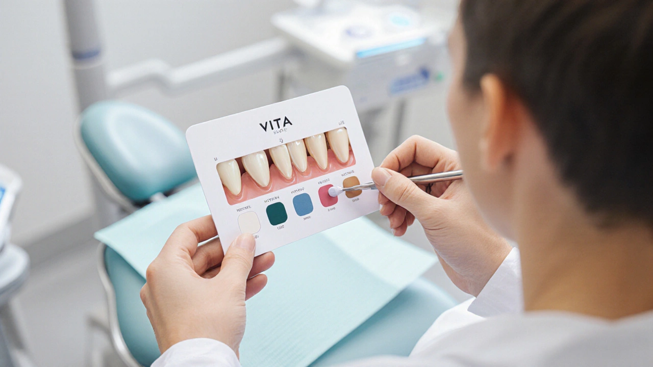 Zubní lékař porovnává barvu nové plomby s bílým zubem pomocí odstínové škály ve zdravotnickém prostředí.