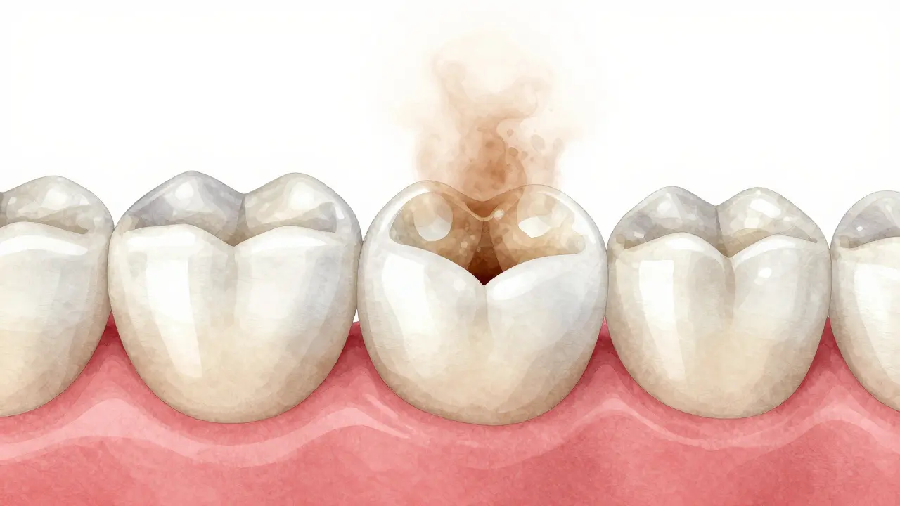Blízký pohled na zub s novou plombou, kolem níž se vznášejí stíny čaje a kávy jako varování.
