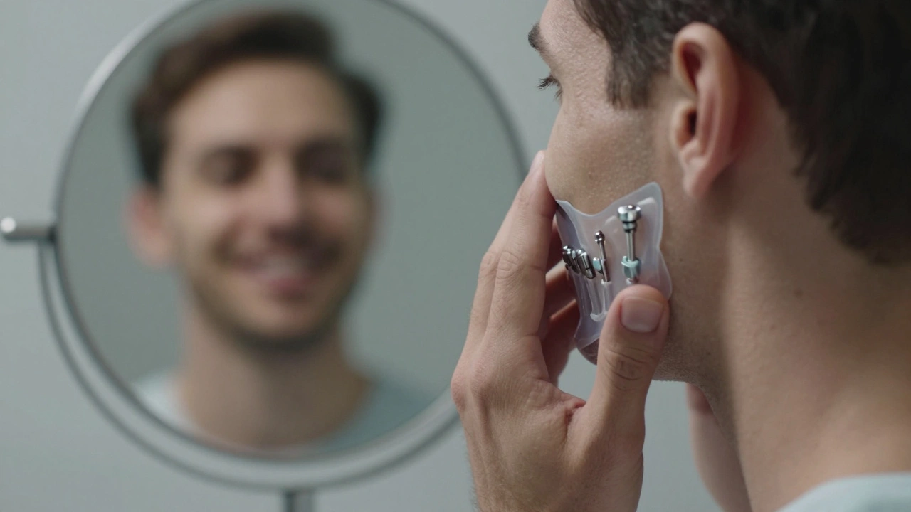 Close-up of a hand touching the face with translucent implants visible beneath the skin.