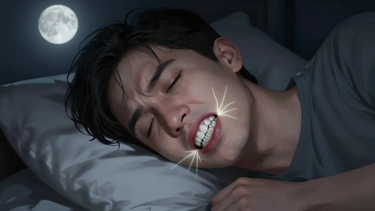 Člověk spí s těsně se dotýkajícími zuby, z nichž vycházejí trhliny způsobené bruxismem.