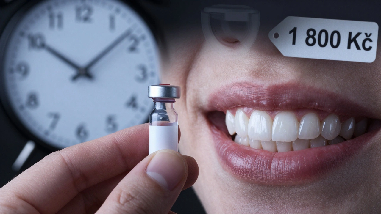Composite resin vial next to a bright smile with price tag and lifestyle factors in background.