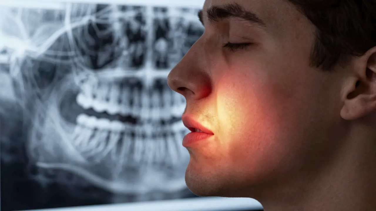 Dentální rentgenový snímek ukazující osmici tlačící na kořeny předních zubů.