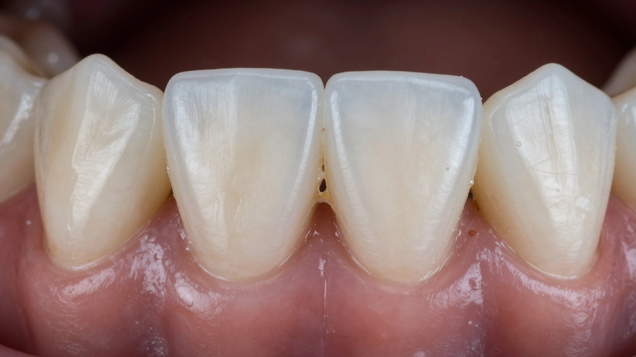 Detail keramického rovnátka s náznakem plaku, zdůrazňující důležitost hygieny.