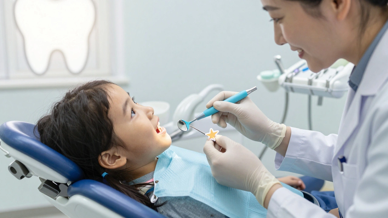 Dítě sleduje své zuby v zrcadle na zemi, zubař ho jemně vyšetřuje s úsměvem.