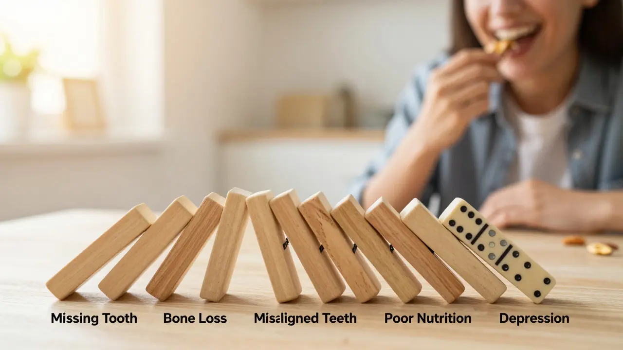 Domičky padající do smíchu a jídla, znázorňující přerušení zdravotního řetězce.