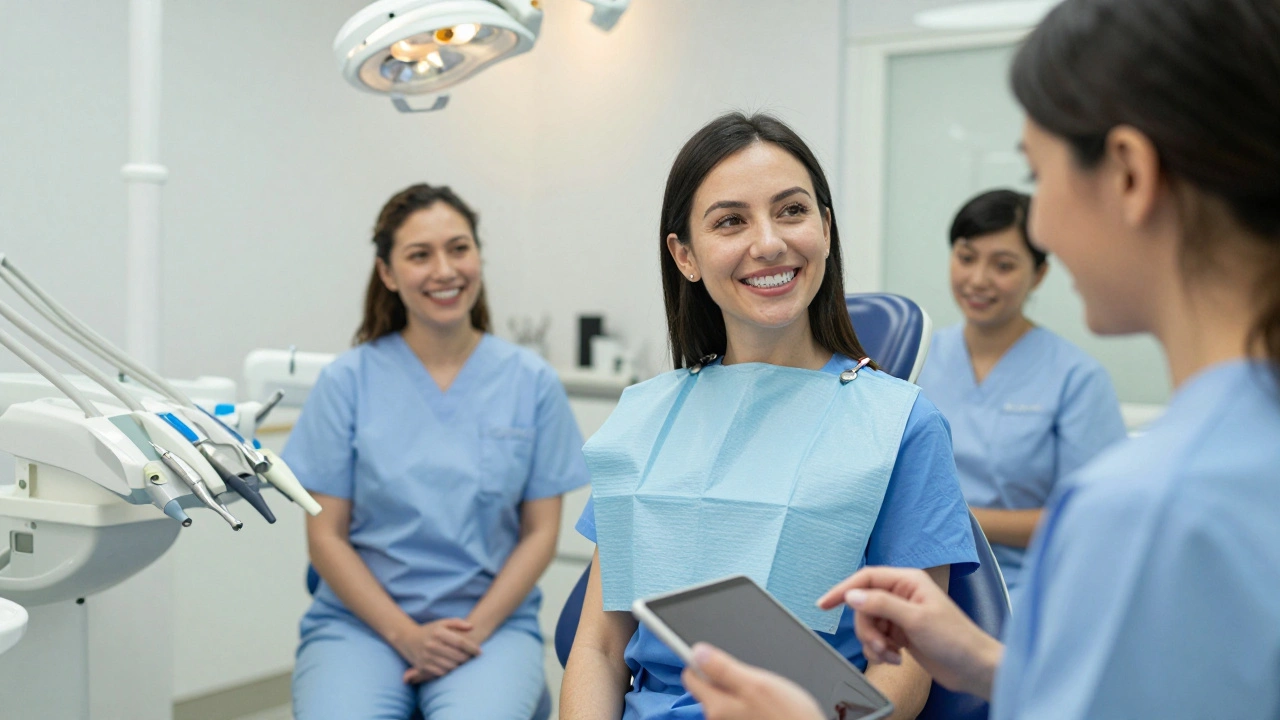 Dospělí pacienti v moderní ortodontické klinice s téměř neviditelnými ortodontickými zařízeními.