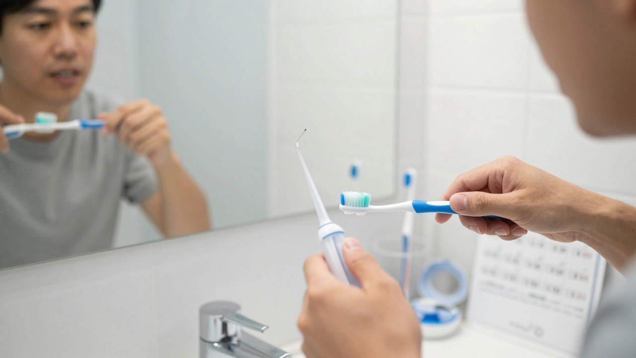 Dospělý čistí zuby s rovnátkem pomocí mezizubního kartáčku