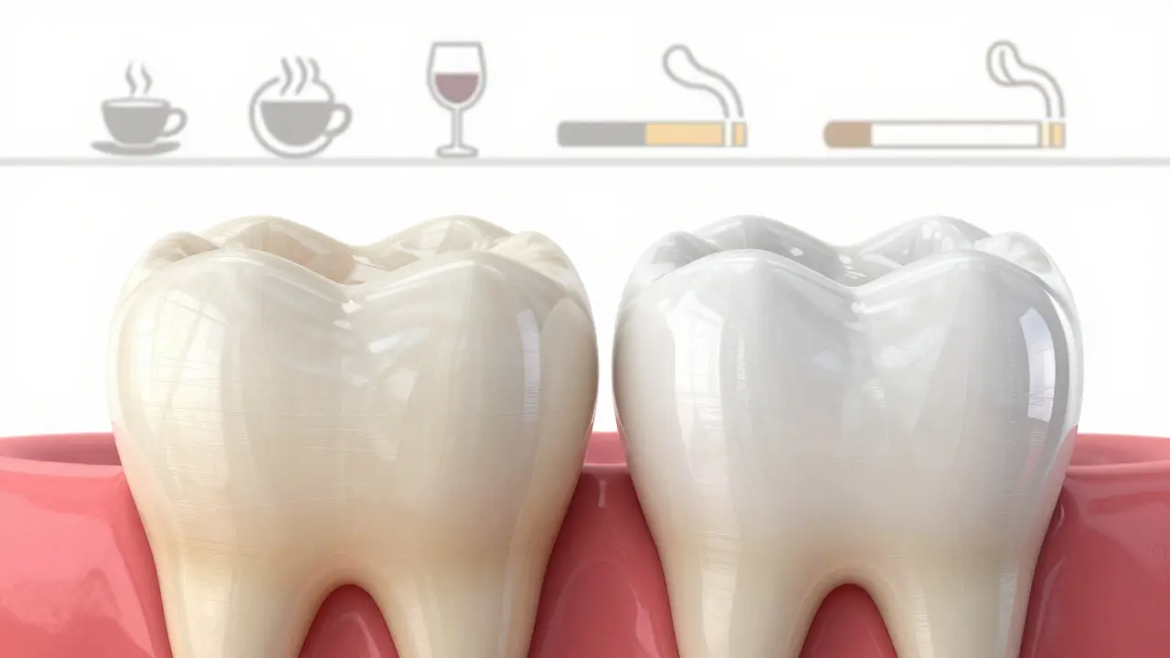 Dva zuby vedle sebe: jeden s přirozeným žlutým odstínem, druhý s lesklou keramickou fází.