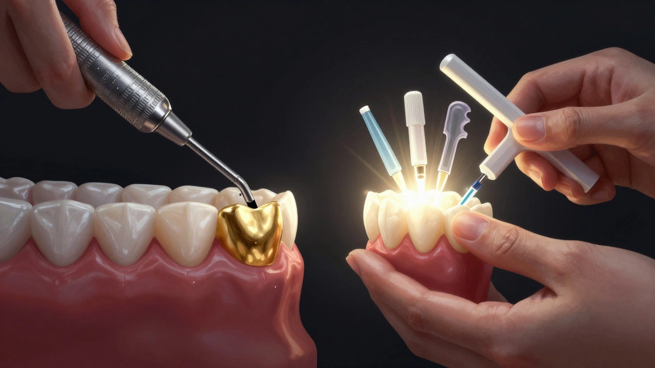 Dvě cesty k úsměvu: jedna zničí zuby, druhá je šetrná — symbolický obraz s osvětlenými alternativami.