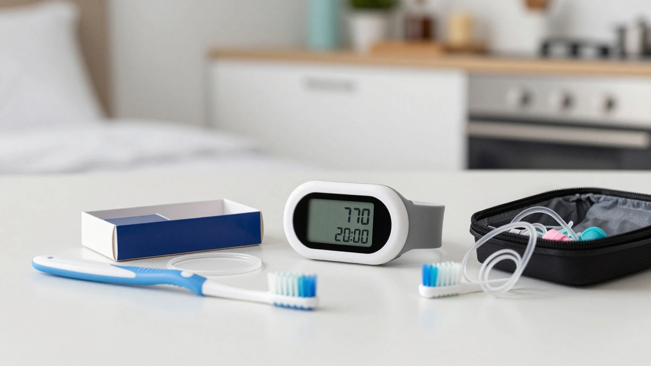 Hodinky s připomínkou a balíček gumiček vedle zubní kartáček — symbol denního režimu.