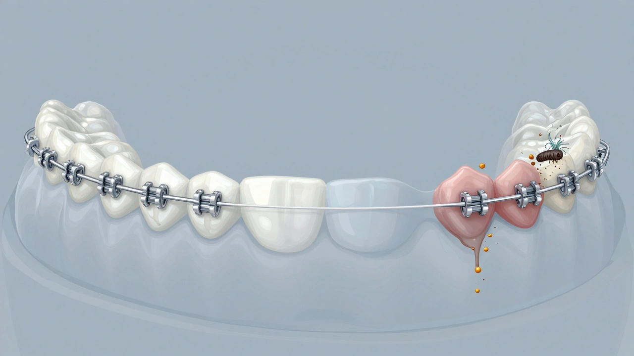 Ilustrace ztráty pružnosti gumiček a hromadění bakterií na rovnátku během dne.