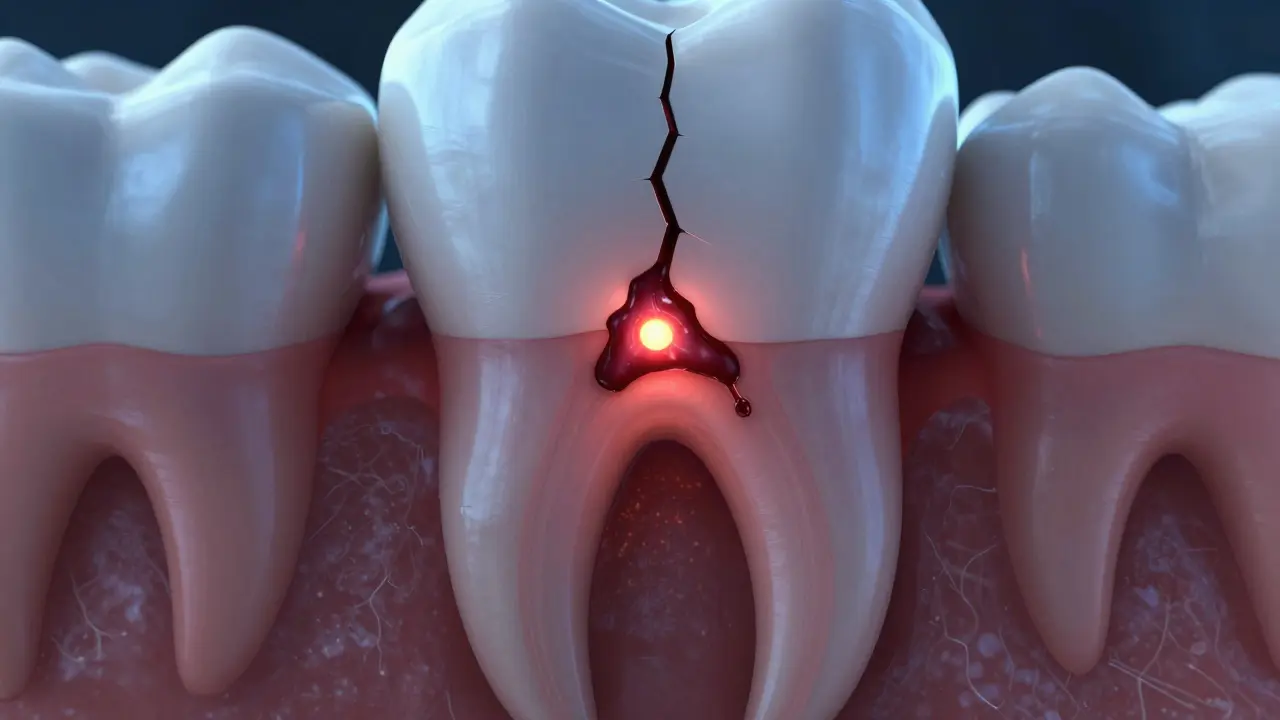 Infekce v kořeni zubu s bakteriemi šířícími se z mikrotrhliny do kosti.