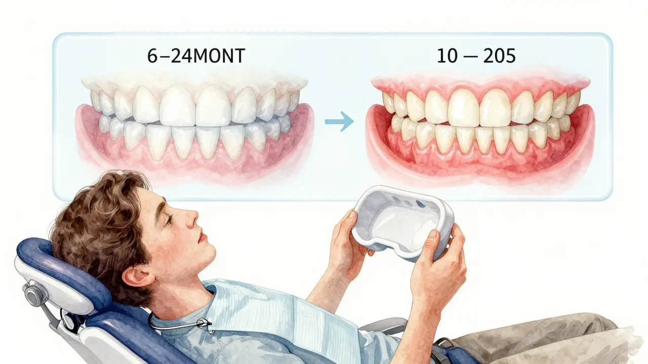 Koncepční scéna s dentální židli a průhledným přehledem dvou cest trvání bělení a fazet.