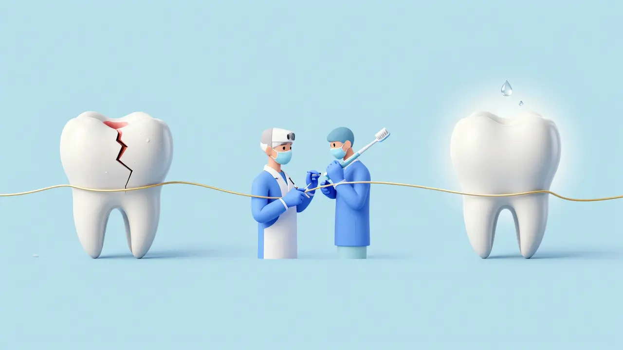 Koncepční vizualizace vývoje zubu od poškození přes plombu až k péči s fluoridem a kartáčkem.