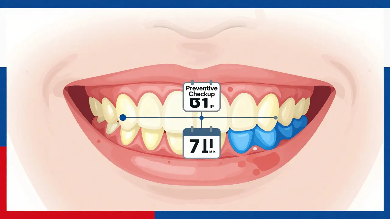 Křížový řez ústní dutiny s barevnými indikátory zdraví zubů a dásní, dva termíny prohlídek ročně.