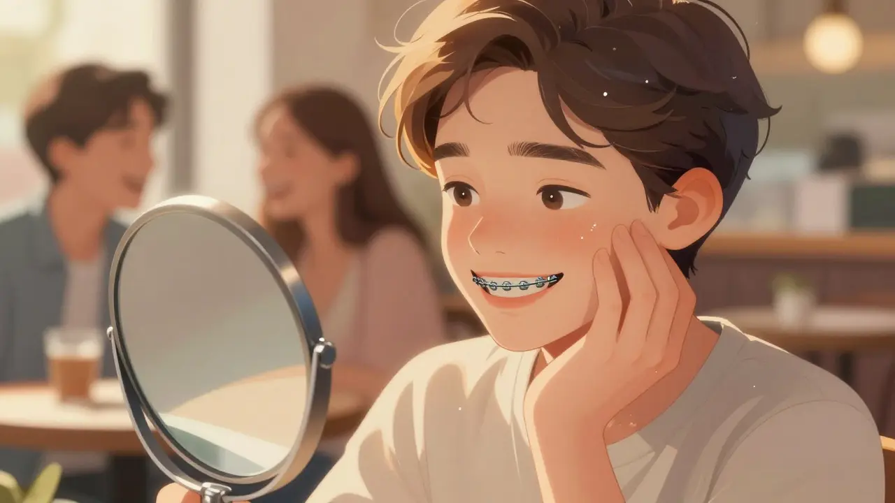 Mladý člověk se zadíval do zrcadla s rovnátky, v pozadí rozmazaná společnost.