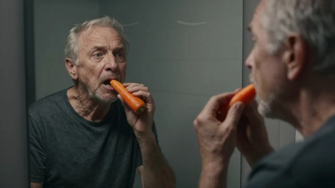 Muž se dívá do zrcadla a zvažuje, jestli sníst krupici, když mu chybí zuby