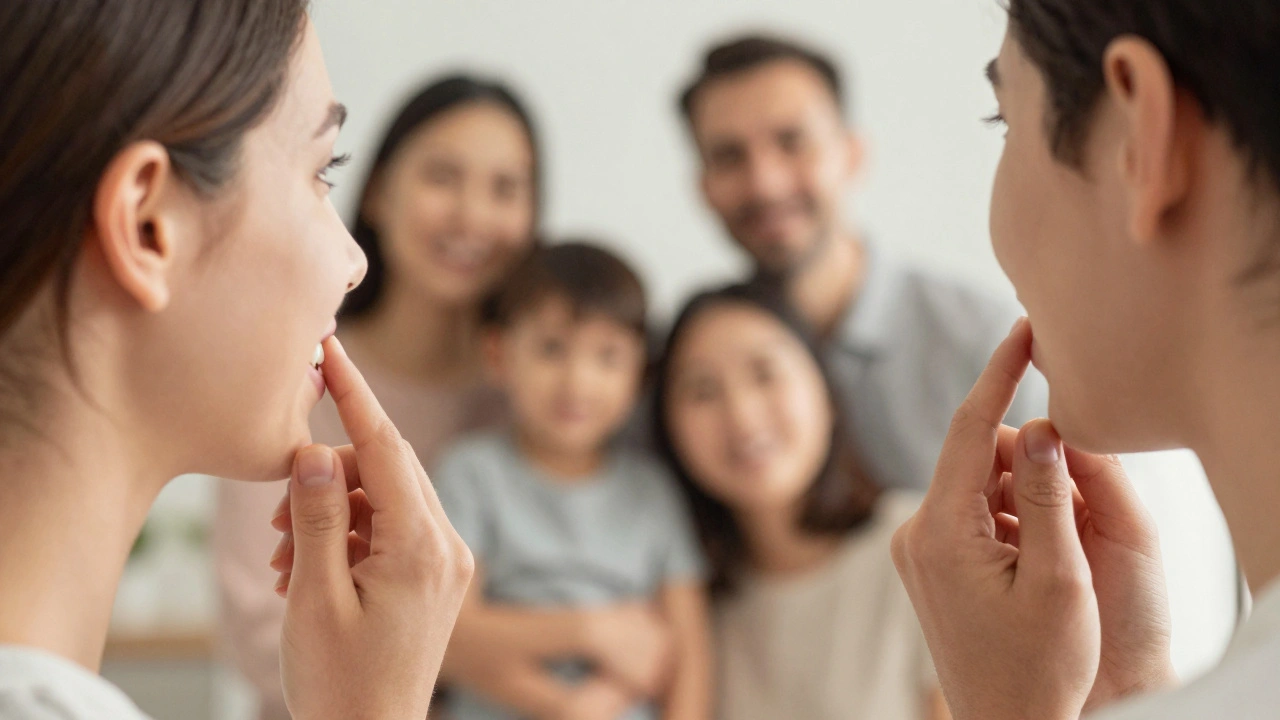 Osoba se dívá do zrcadla, kde se odráží její rodina a její nový, přirozený úsměv.