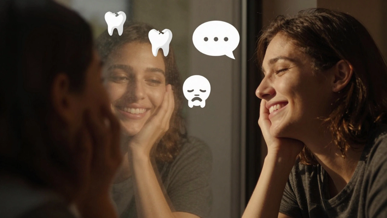 Osoba se usmívá neurčitě, zatímco její odraz ukazuje sebevědomý úsměv s rovnými zuby, kolem ní symboly zdravotních problémů.
