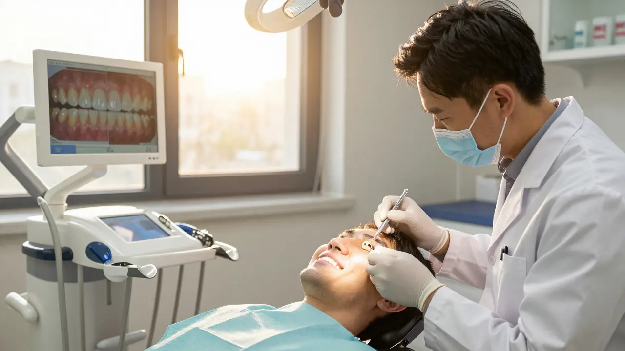 Pacient se směje, když mu stomatolog nastavuje korunku, světlo z okna osvětluje jeho obličej.