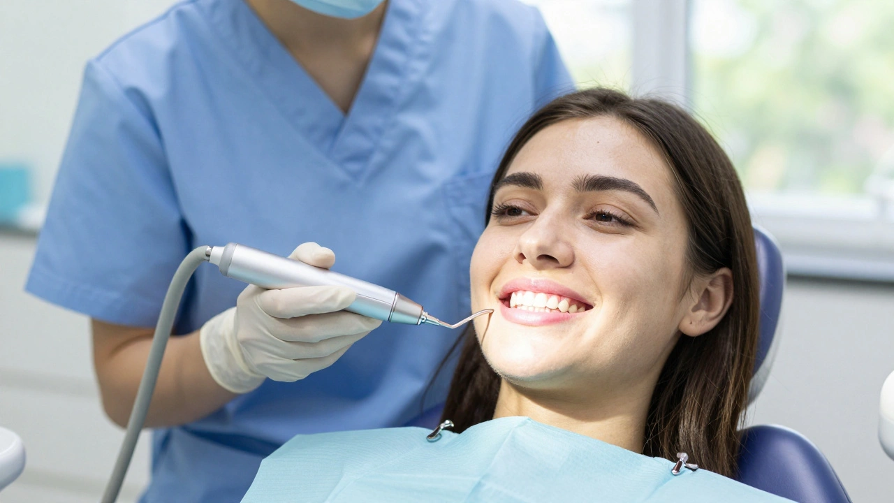 Pacient se směje se zdravými dásněmi po úspěšné léčbě zubního kamene.