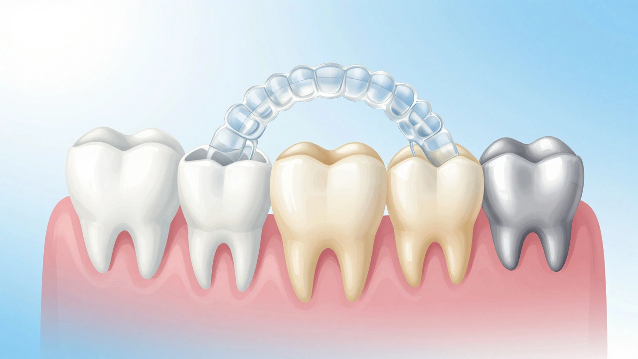 Pět neinvazivních zubních léčebných metod vizuálně znázorněno na přirozených zubech bez textu.