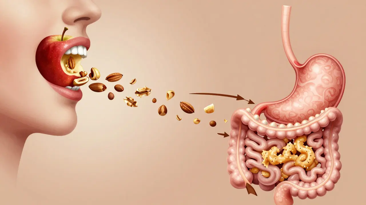 Potrava přechází z celého jídla v ústech na pastu v žaludku