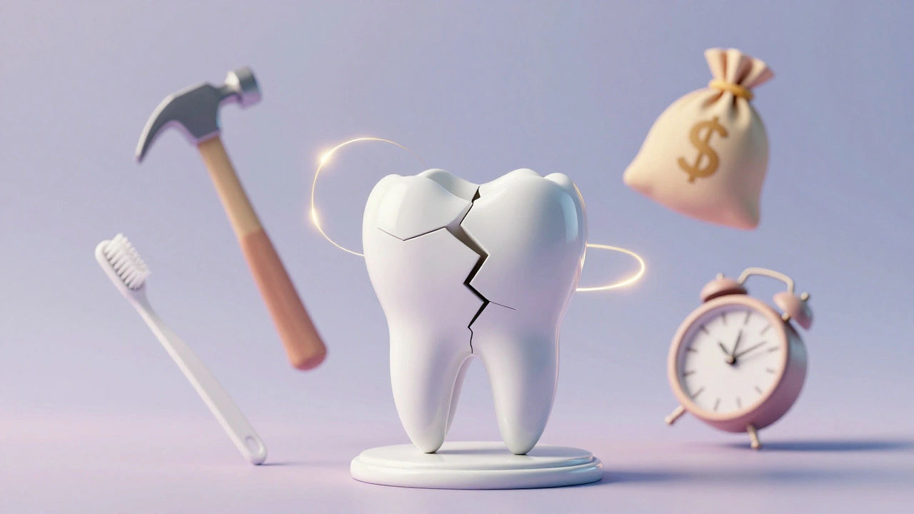 Prasklá zubní sklovině jako křehký váza na zubním podstavci, symbolizující důležitost rychlé opravy.