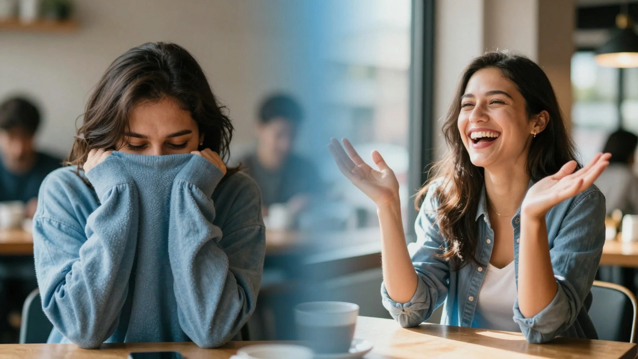 Před a po: jedna osoba skrývá úsměv, druhá se směje otevřeně s viditelnými zuby.