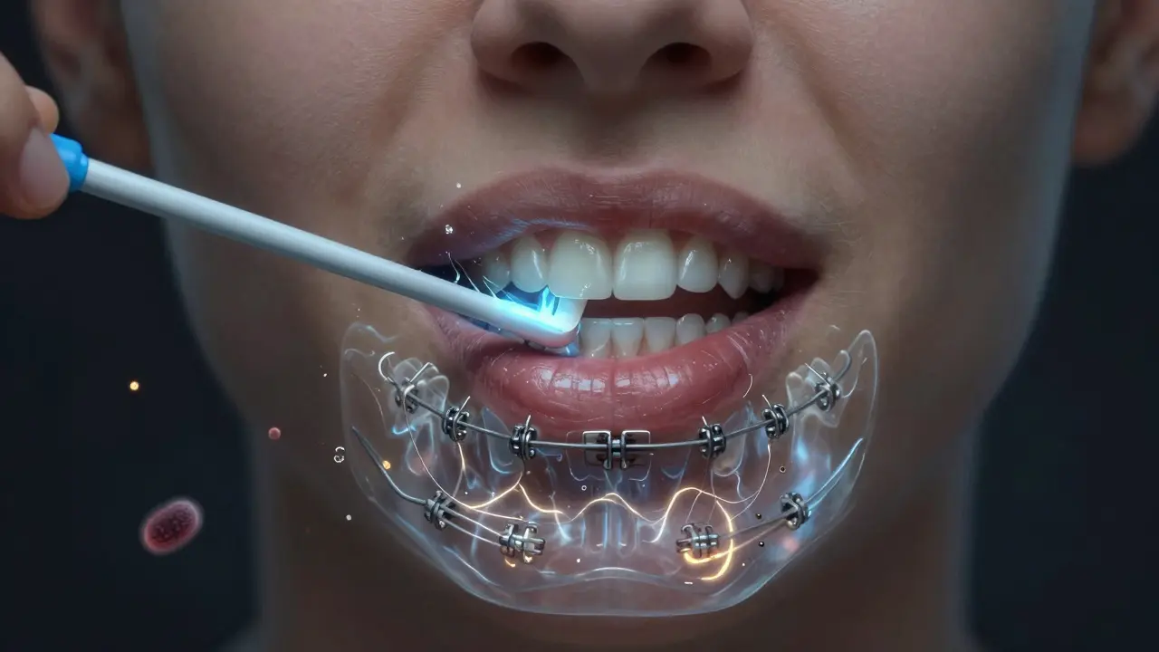 Přehled lidských rtů s průhledným zobrazením zubů a rovnátek jako síťových cest.