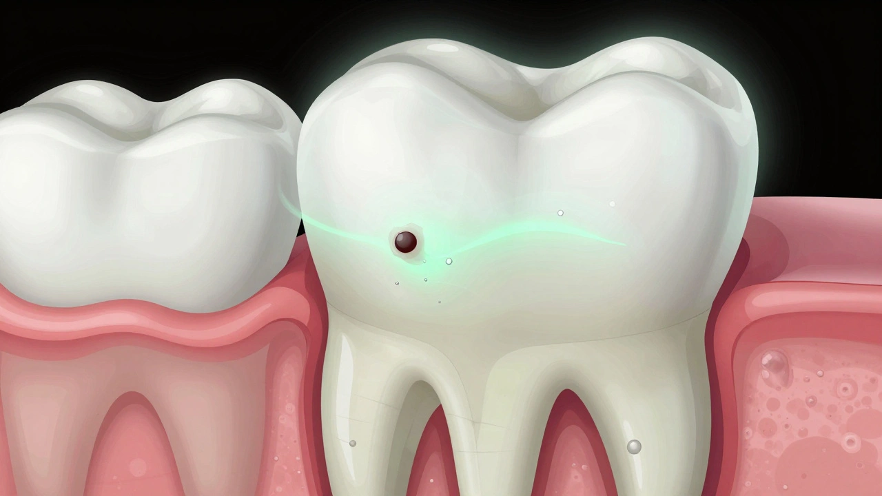 Přehled zubu s počátečním kazu a fluoridem, který obnovuje sklovinu.