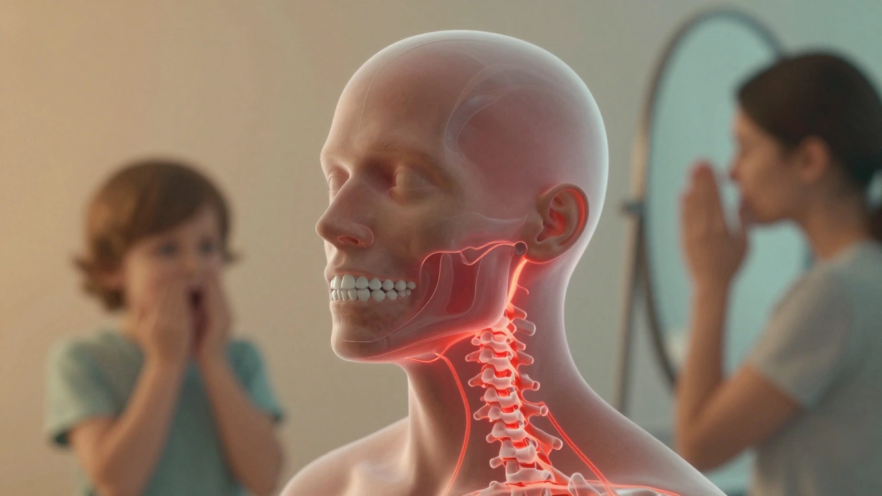 Průřez hlavy ukazující nevyrovnané zuby ovlivňující čelist, krk a páteř, s označenými cestami bolesti.