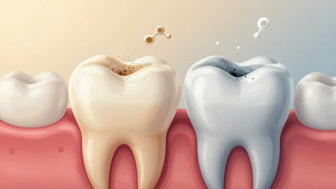 Průřez zubu: zdravá sklovinka s povrchovými skvrnami na jedné straně, poškozená sklovinka na druhé.