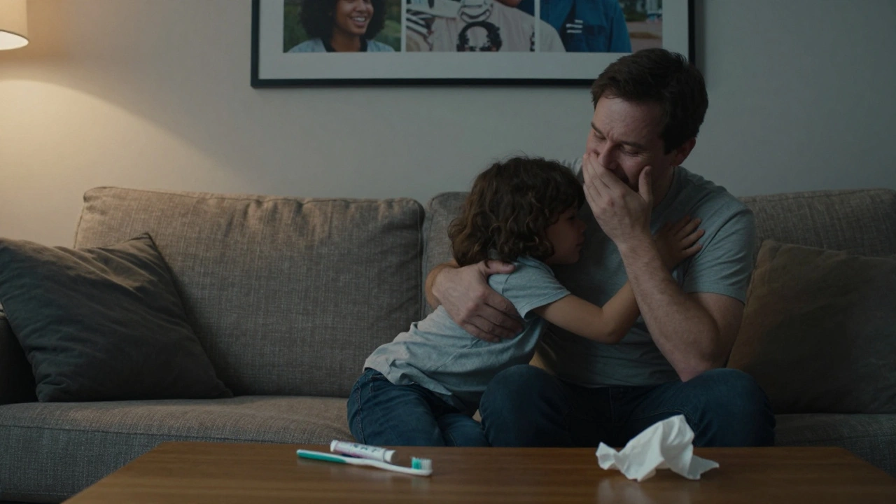 Rodič sedí na gauči, při hraní s dítětem jemně zakrývá ústa, na stole zubní kartáček.